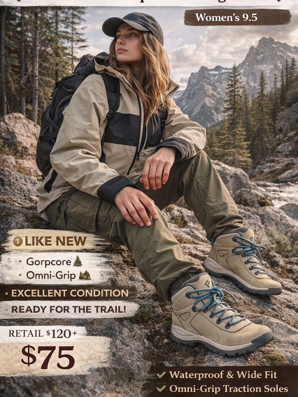 Columbia Waterproof Hiking Boots Women’s 9.5  Omni-Grip Trail Outdoor Tan